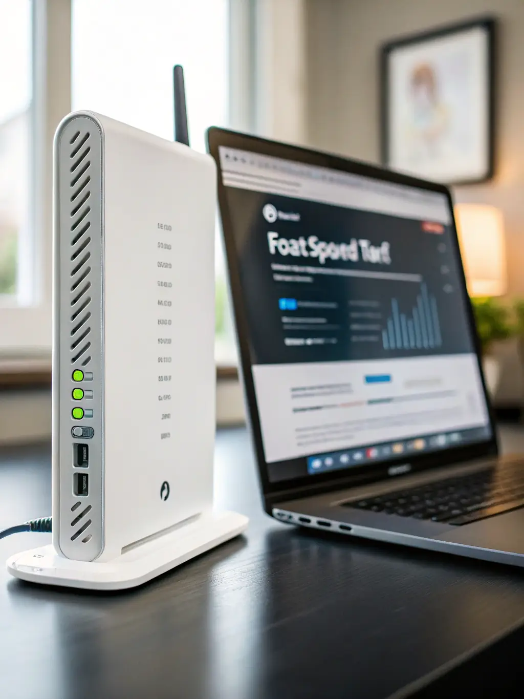 A photograph of the apartment's high-speed Wi-Fi setup, showing a laptop with a fast internet speed test result, highlighting seamless connectivity for business and leisure.